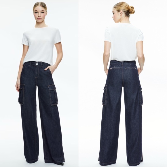 Alice + Olivia KAL Baggy Cargo Side Slit Jeans Sz 27 Dark Rinse Wide Leg $395